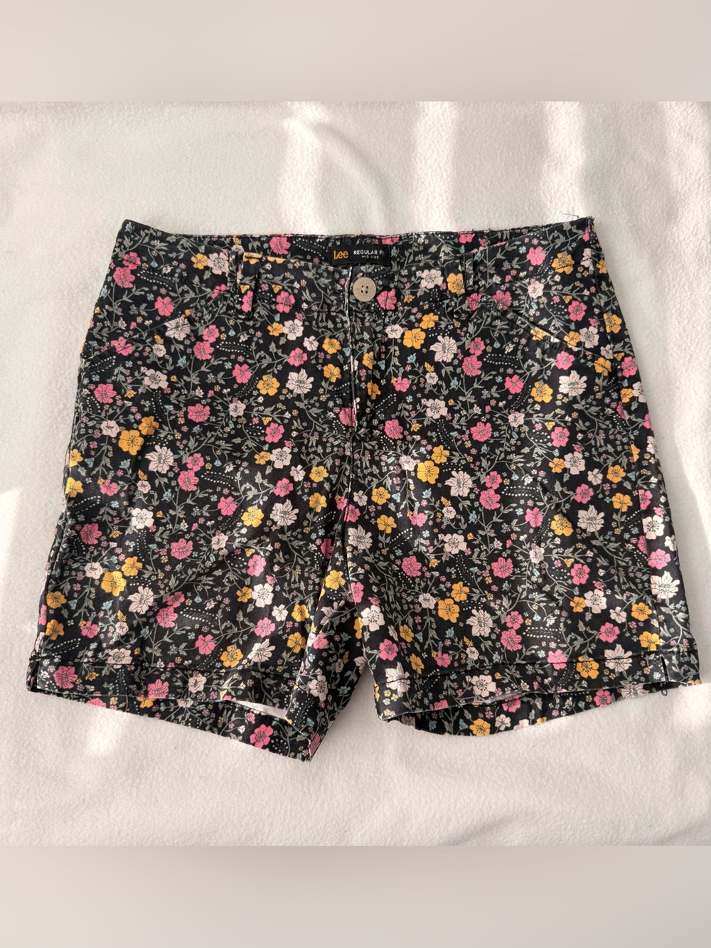Lee Black Floral Print Jean Shorts with Pink & Yellow Blooms